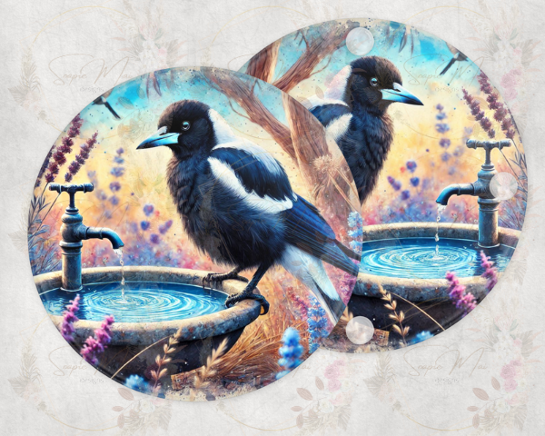 Round glass coaster with a detailed Australian Magpie on a birdbath sublimation print, protecting surfaces in style.