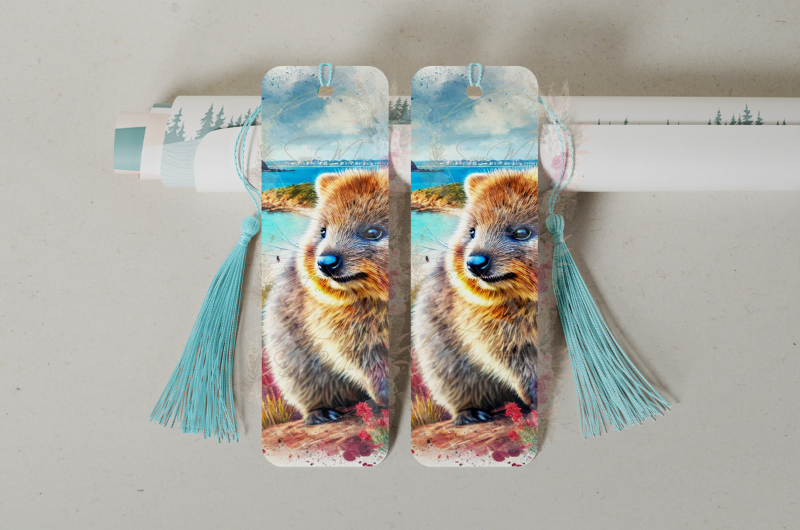 Durable double-sided aluminum bookmark showcasing a Quokka with Rottnest Island on both sides, perfect for avid readers.