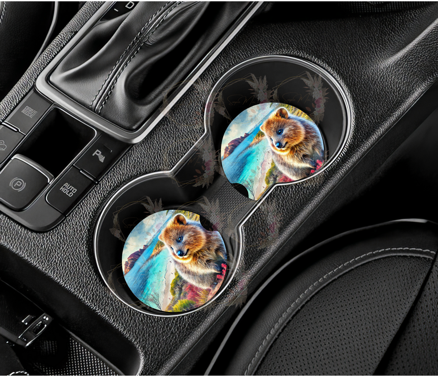 Pair of absorbent car coasters featuring a happy Quokka with a Rottnest Island background, protecting your vehicle's cup holders.