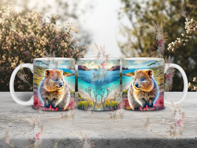 White ceramic coffee mug with a charming Quokka on Rottnest Island sublimation print, great for your morning brew.