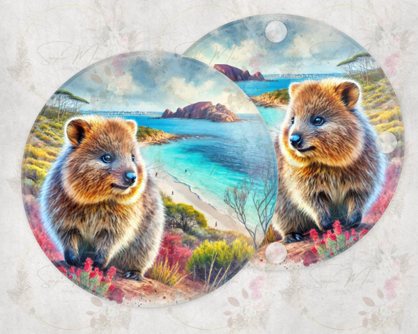 Round glass coaster with a detailed Quokka and Rottnest Island sublimation print, protecting surfaces in style.