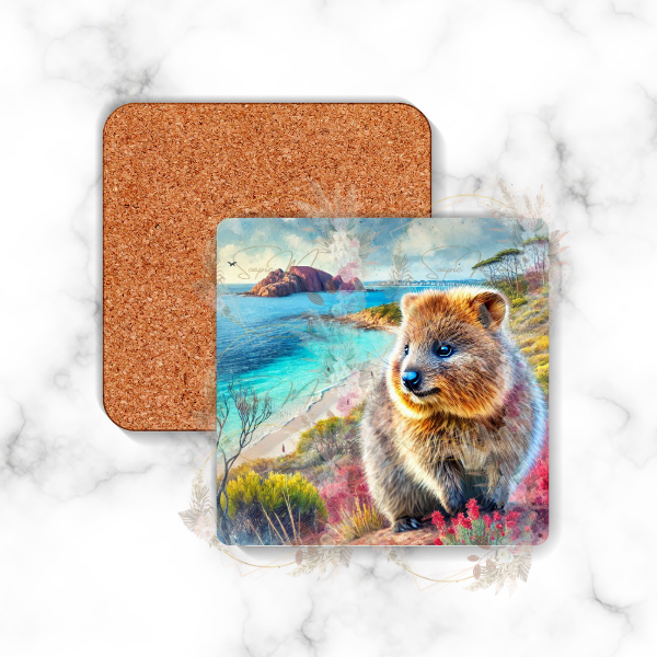 Square backed coaster with a Quokka and Rottnest Island design, perfect for home or office use.