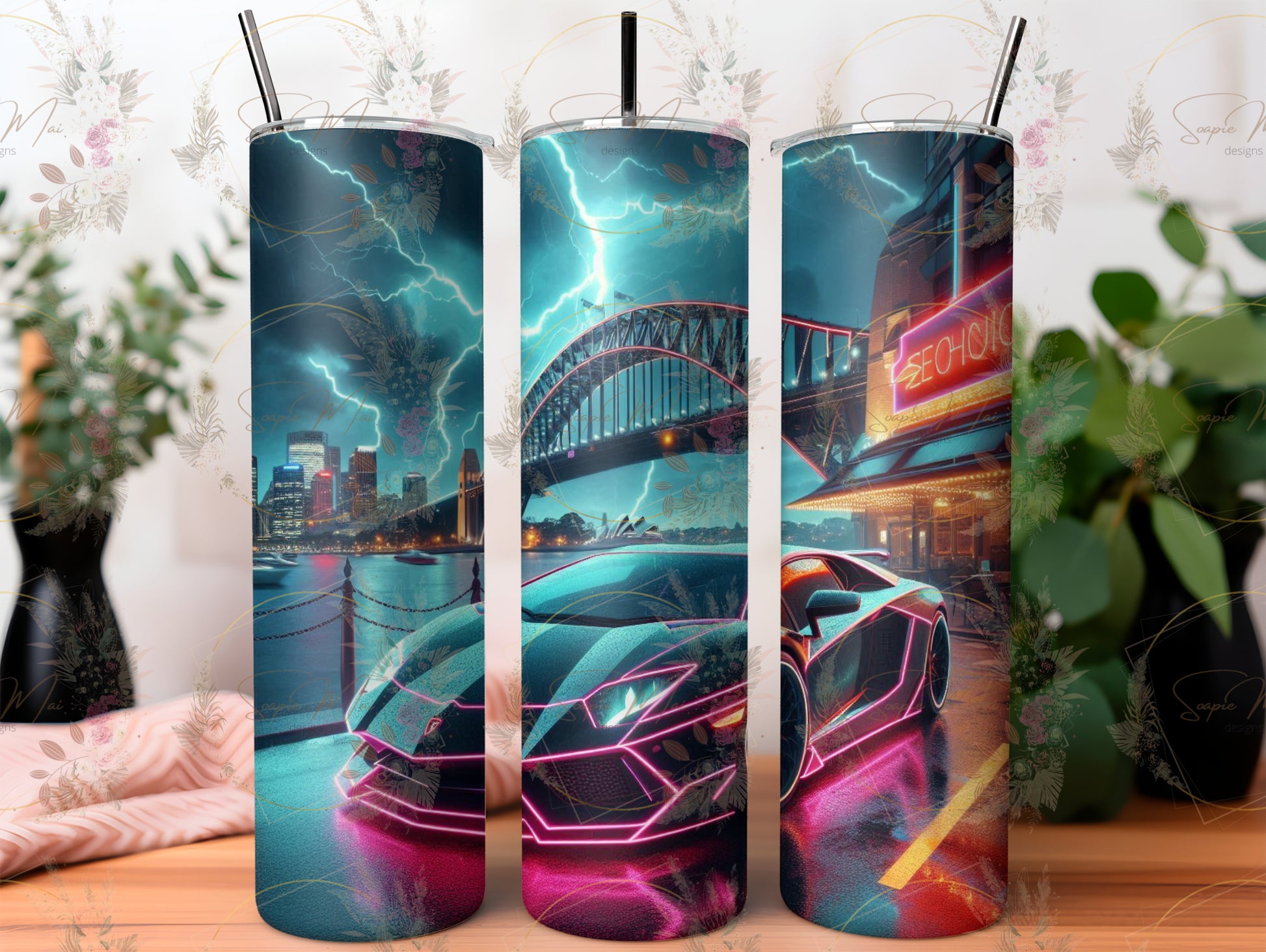 Durable tumbler with a striking neon Lamborghini design, perfect for keeping drinks hot or cold.