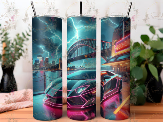 Durable tumbler with a striking neon Lamborghini design, perfect for keeping drinks hot or cold.