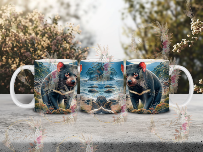 White ceramic coffee mug with a striking Tasmanian Devil sublimation print, great for your morning brew.