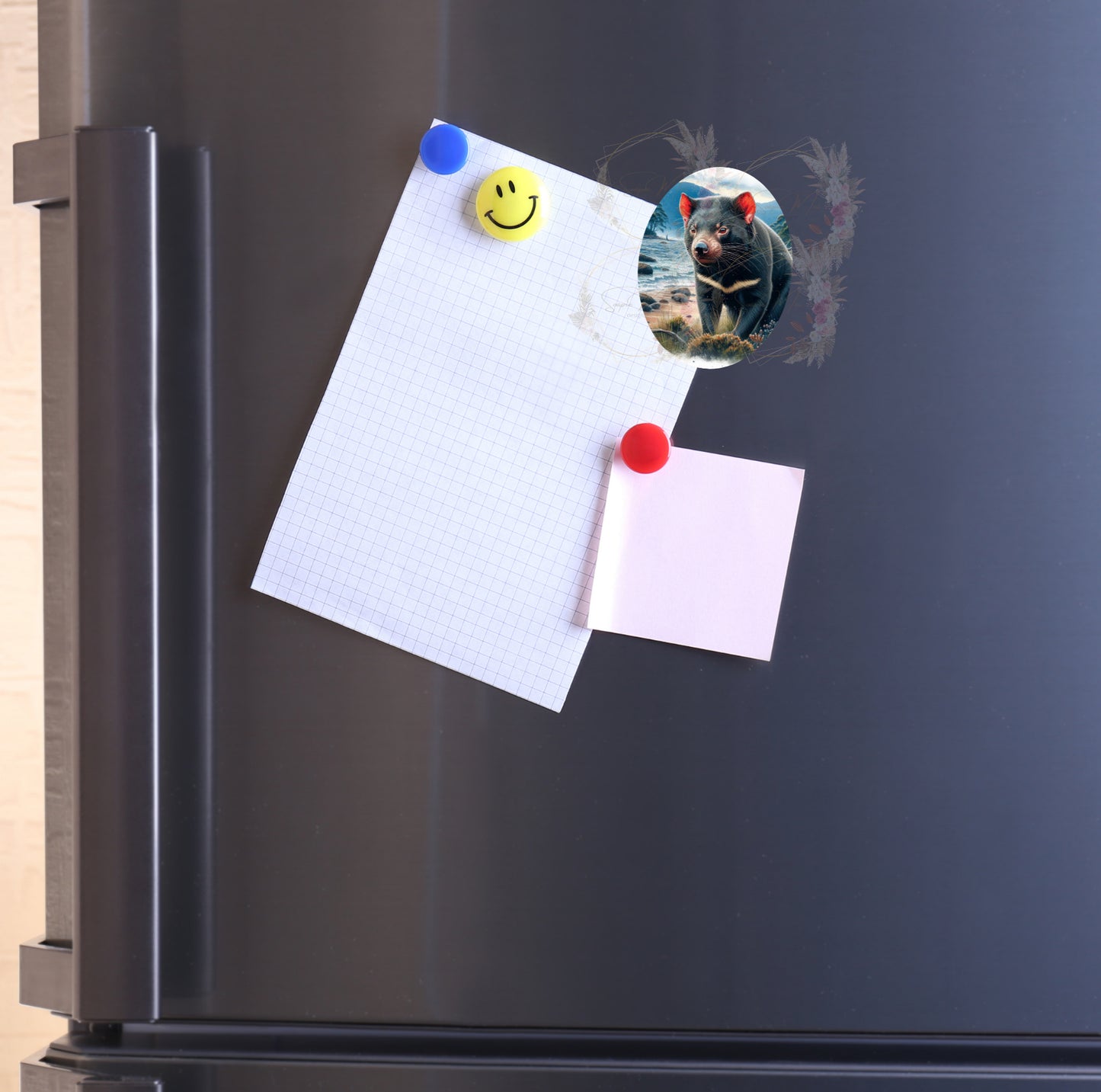 Strong refrigerator magnet featuring a vibrant Tasmanian Devil illustration, ideal for decorating your kitchen or office.