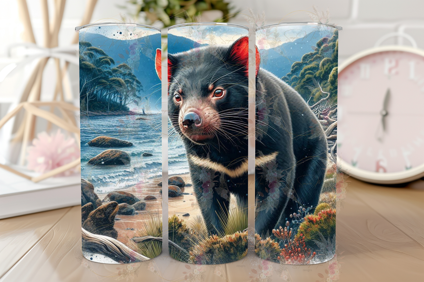 Stainless steel sublimation tumbler with an energetic Tasmanian Devil graphic, ideal for keeping drinks hot or cold.