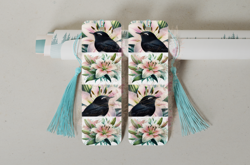 Durable double-sided aluminum bookmark showcasing a Willie Wagtail with a pink lily design on both sides, perfect for avid readers.