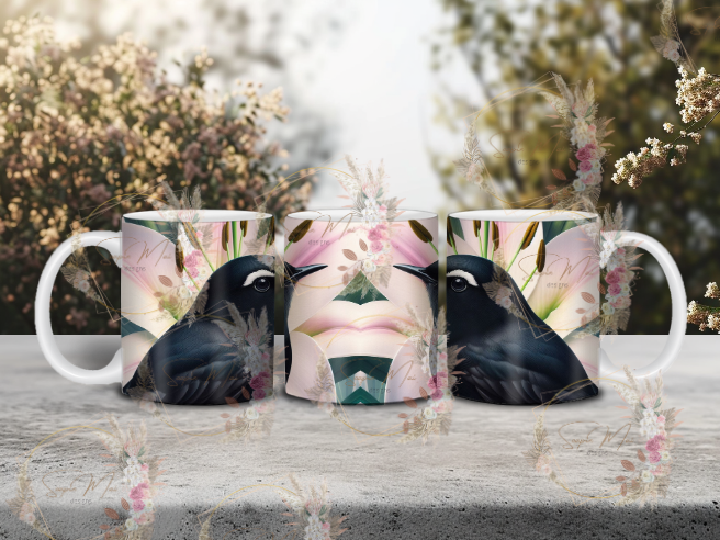 White ceramic coffee mug with a delightful Willie Wagtail and pink lily sublimation print, great for your morning brew.
