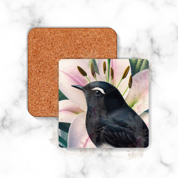 Square backed coaster with a Willie Wagtail and pink lily design, perfect for home or office use.