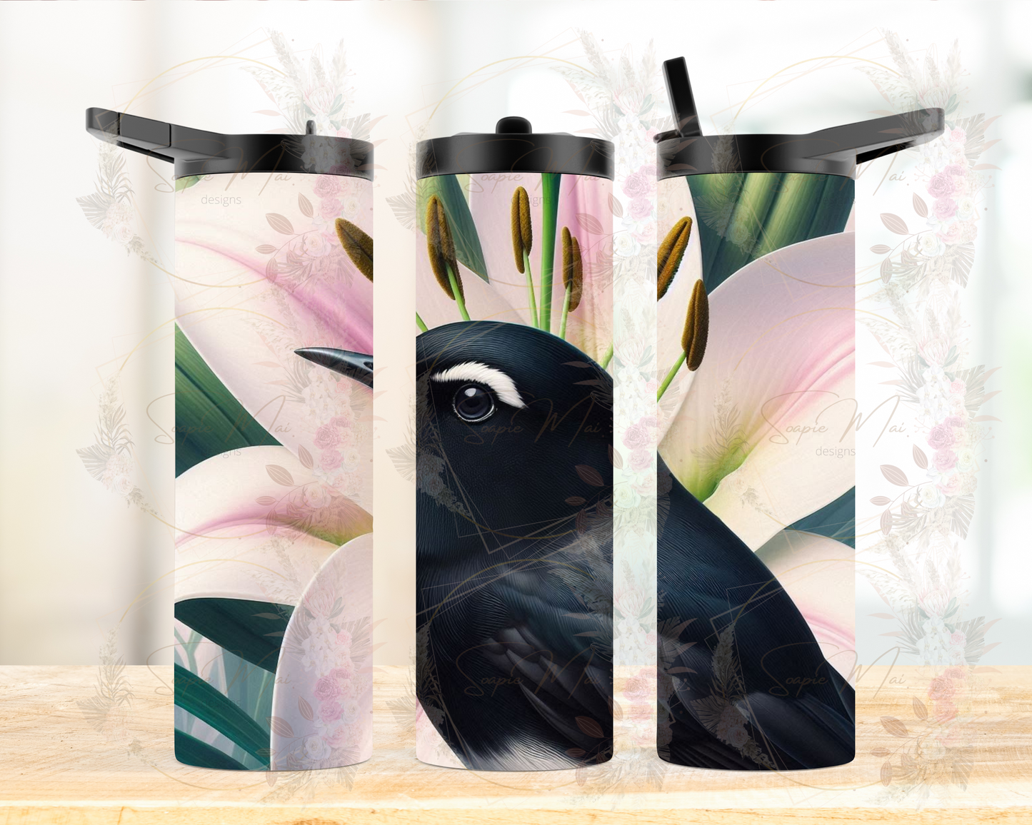 Insulated sublimation water bottle featuring a charming Willie Wagtail with a gorgeous pink lily in the background, perfect for staying hydrated.